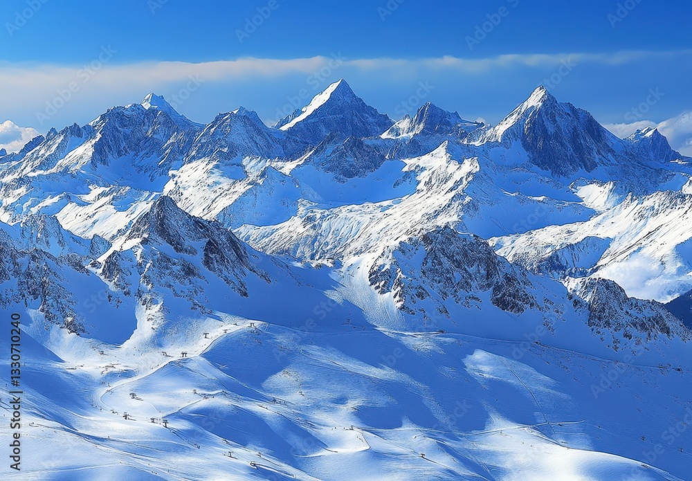 Fototapeta premium Majestic Snow-Covered Mountain Range Under Clear Blue Sky with Sunshine and Dramatic Peaks in Winter Wonderland Setting