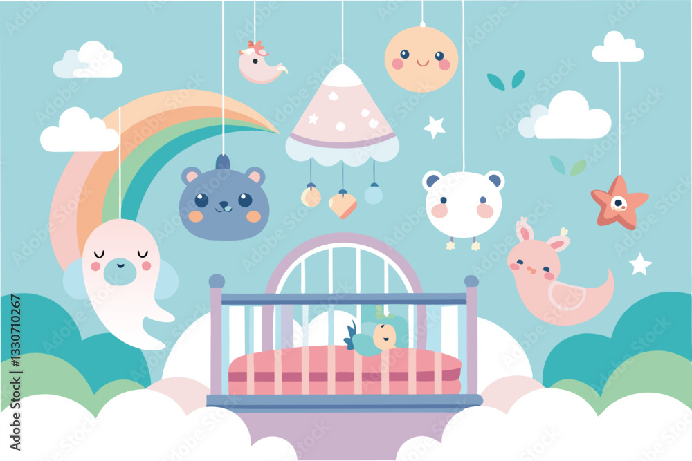 Sweet dreams in a cozy nursery with hanging toys and pastel colors for a serene baby environment Sweet dreams in a cozy nursery with hanging toys and pastel colors for a serene baby environment