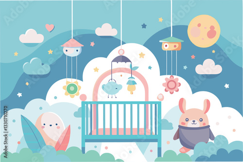 Sweet dreams in a cozy nursery with hanging toys and pastel colors for a serene baby environment