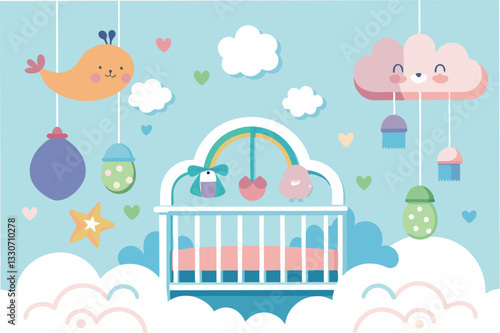 Sweet dreams in a cozy nursery with hanging toys and pastel colors for a serene baby environment