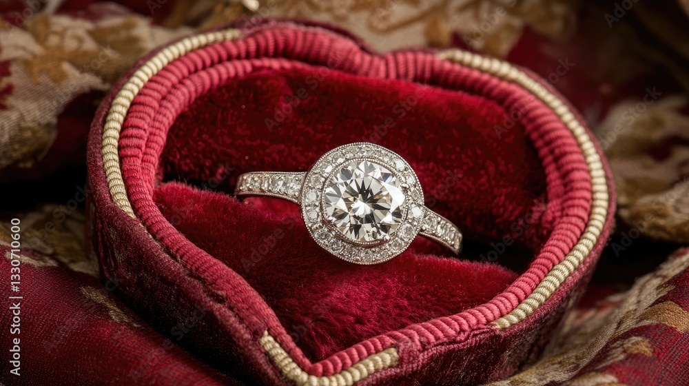 Fototapeta premium A beautiful diamond engagement ring resting inside a plush red heart-shaped box, romantic setting