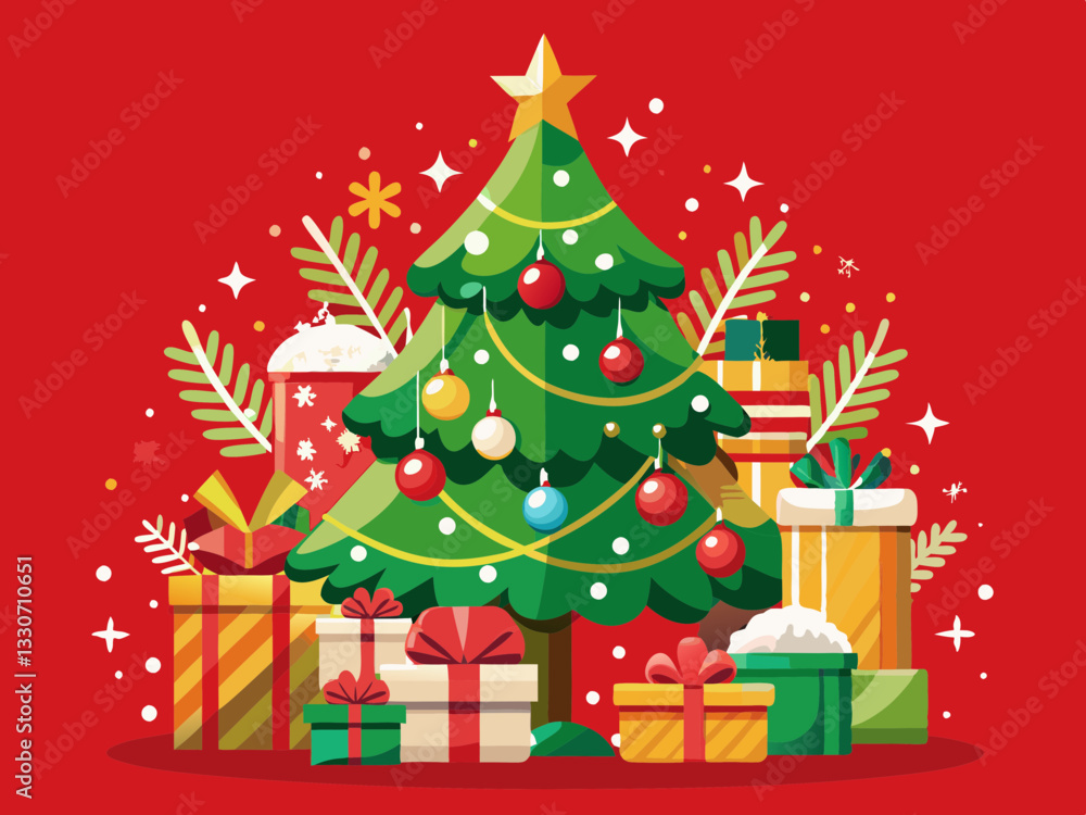 vector of A decorated Christmas tree with snowflakes and gifts on a red background during the holiday season, creating a festive atmosphere vector of A decorated Christmas tree with snowflakes and gifts on a red background during the holiday season, creating a festive atmosphere