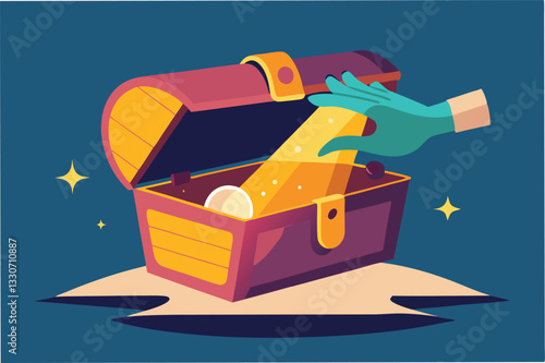 Treasure chest revealed with glowing gems and sparkling light in a colorful and whimsical illustration