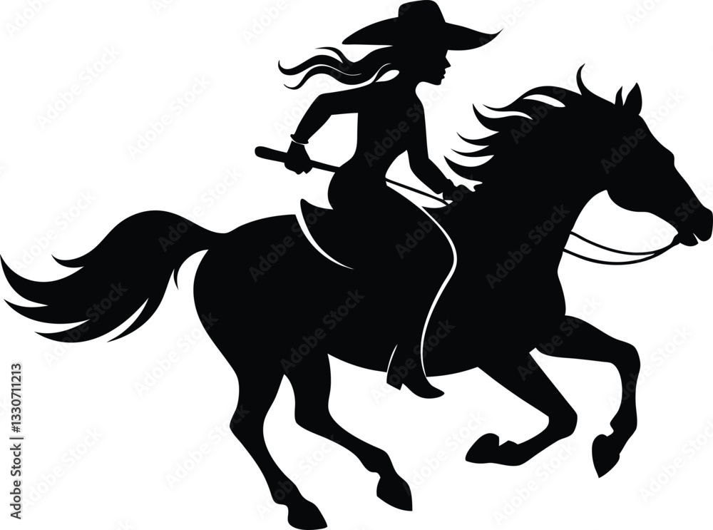 Cowgirl running horse black silhouette Cowgirl running horse black silhouette