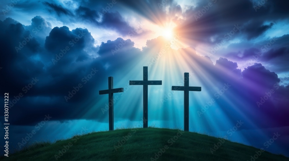 Fototapeta premium Three Crosses Silhouette Dramatic Sunset Sky Landscape