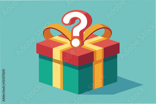 Colorful gift box with a question mark on a blue background suggests surprise and mystery in the celebration of special occasions