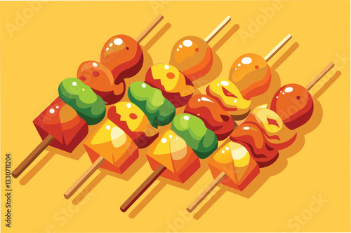 Colorful and Delicious Skewers of Grilled Vegetables and Meats on Wooden Sticks Ready for a Summer Barbecue Gathering