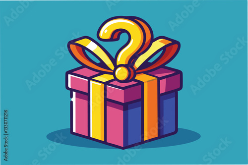 Colorful gift box with a question mark on a blue background suggests surprise and mystery in the celebration of special occasions