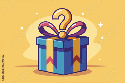 Colorful gift box with a question mark on a blue background suggests surprise and mystery in the celebration of special occasions