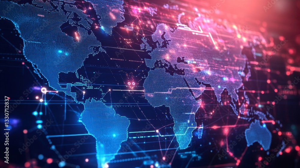 Obraz premium Digital World Map with Abstract Technology and Data Connections
