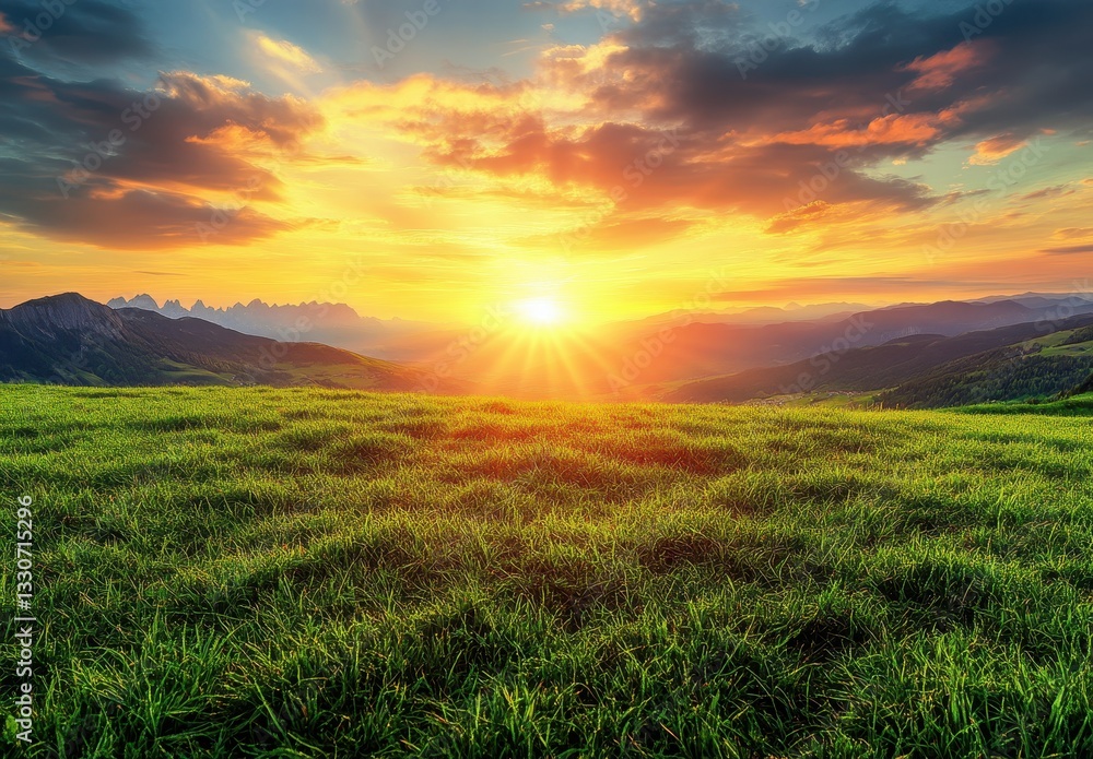 Fototapeta premium Majestic Sunset Over Rolling Hills and Verdant Grassland with Colorful Sky and Scenic Mountains in Distance Capturing the Beauty of Nature