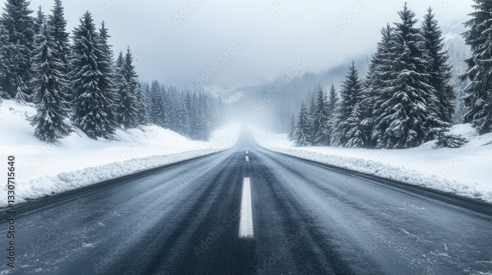 A frozen road surrounded by snow-covered pine forests under a crisp winter sky A frozen road surrounded by snow-covered pine forests under a crisp winter sky
