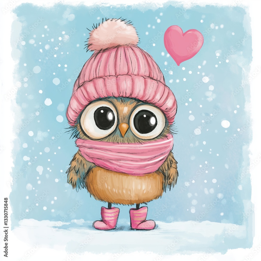 Obraz premium A cute cartoon owl wearing a pink knitted hat with a pom-pom, pink striped scarf, and pink boots, standing on a snowy, light-blue background
