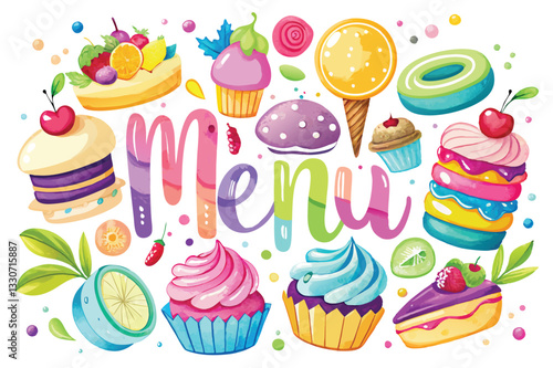 Colorful illustration of a dessert menu featuring various sweet treats including cupcakes, macarons, and candies in a playful design
