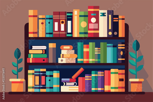 Colorful vector illustration of a bookshelf filled with various books in a warm setting suitable for educational and creative purposes