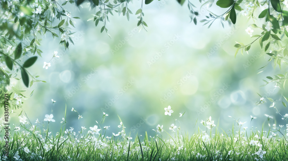 Beautiful spring background with green grass and white flowers growing under blooming tree branches Beautiful spring background with green grass and white flowers growing under blooming tree branches