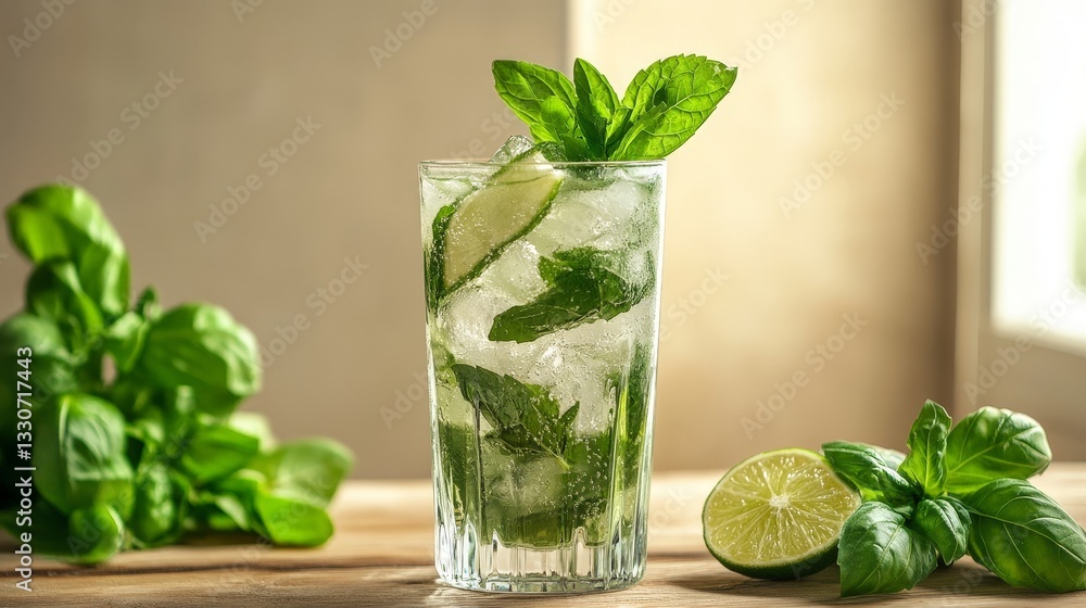 Cool Invigorating Mint Lime Refresher with Crisp Ice and Vibrant Green Leaves Cool Invigorating Mint Lime Refresher with Crisp Ice and Vibrant Green Leaves