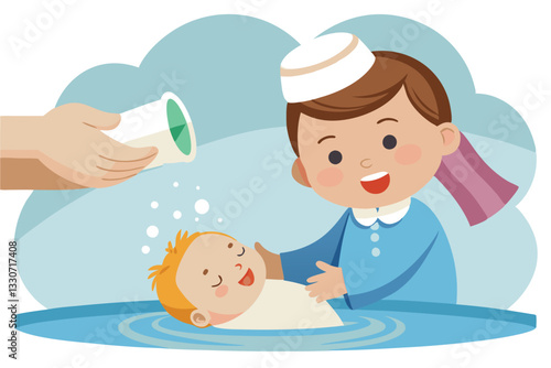 Illustration of a caregiver gently bathing a joyful child in a water basin with playful bubbles in a cheerful, colorful setting