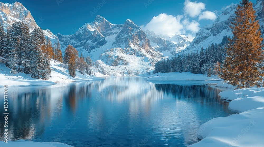 Fototapeta premium Serenity snow-covered alpine lake reflecting majestic mountains under a vibrant blue sky.