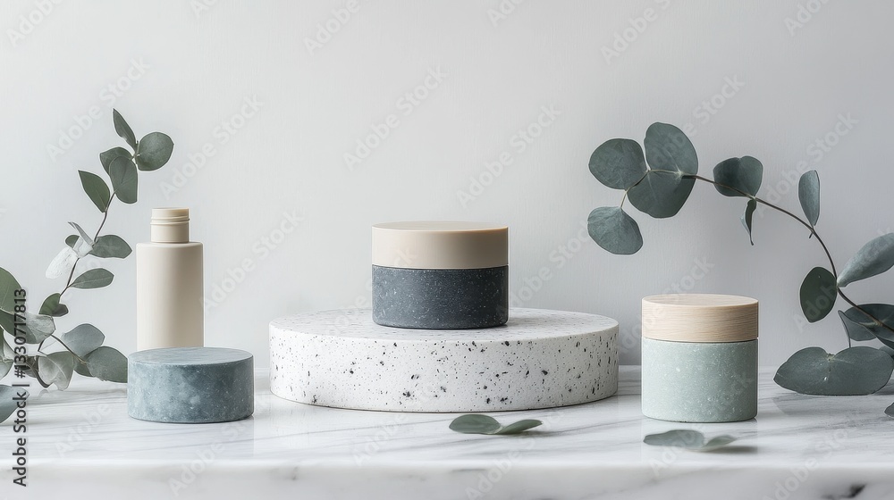 Naklejka premium Sustainable cosmetic products in biodegradable containers arranged aesthetically on a marble surface, complemented by eucalyptus leaves and a clean white background.