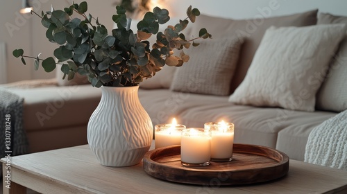 Eucalyptus leaves in a textured vase rest on a wooden tray with burning candles against a cozy neutral living room wall.