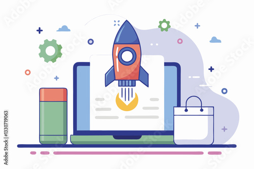 Creative illustration of a rocket launching from a laptop on a pastel background, emphasizing innovative technology and digital solutions