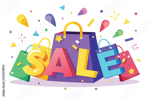 Colorful shopping bags with sale lettering and cheerful confetti create a festive atmosphere for seasonal shopping events
