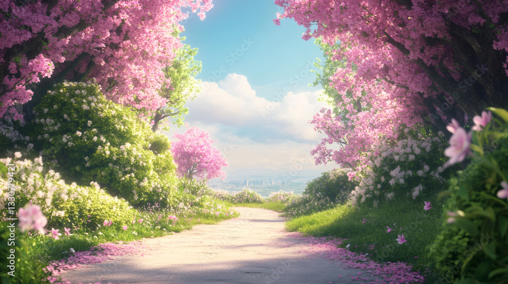 Naklejka premium Winding path through blossoming trees leading toward urban skyline during vibrant spring scenery