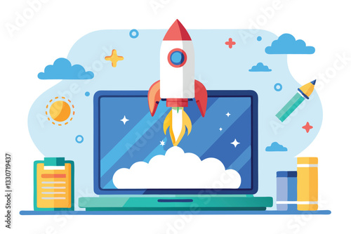 Digital launch with a rocket and laptop in a vibrant vector illustration showcasing innovation and creativity in a modern workspace