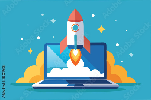 Rocket launching from a laptop screen symbolizes innovation and technology in digital space exploration