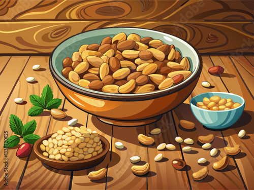vector of  A bowl of peanuts is on a wooden table. The bowl is filled with peanuts and there are many of them scattered around the table