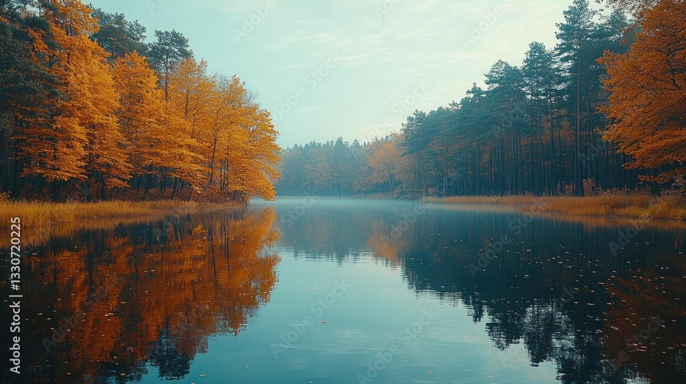 Obraz premium Serene autumn lake reflecting golden trees in a misty forest.