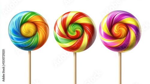 Wallpaper Mural Sweet and colorful round lollipops with twisted rainbow stripes, glossy candy designs in a modern 3D vector style, isolated on white background.  Torontodigital.ca