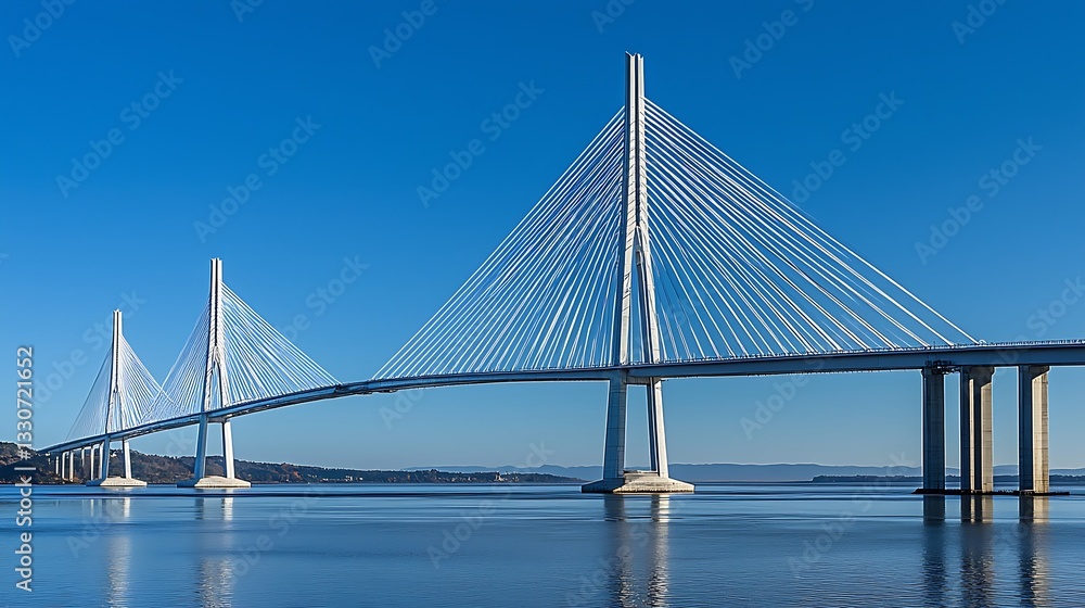 Modern cable-stayed bridge spanning a serene body of water. The bridge's white concrete towers and cables stretch towards a clear blue sky, reflecting on the calm water below Modern cable-stayed bridge spanning a serene body of water. The bridge's white concrete towers and cables stretch towards a clear blue sky, reflecting on the calm water below