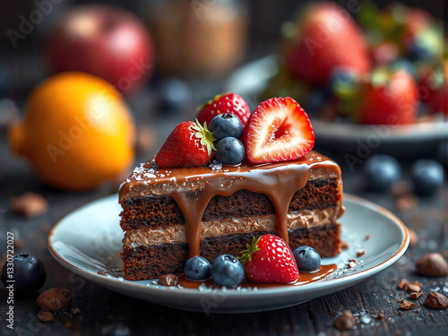 Schokoladenkuchen mit frischen Beeren photo