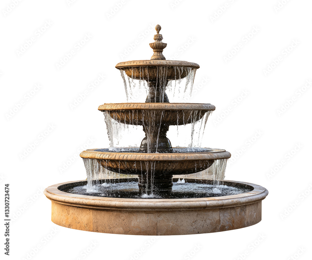 Elegant Three-Tiered Fountain with Water Flowing in Sunny Environment Elegant Three-Tiered Fountain with Water Flowing in Sunny Environment