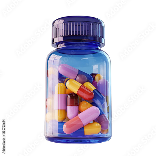 Bottle with colorful pills on a red background. 3d illustration Medicine bottle 