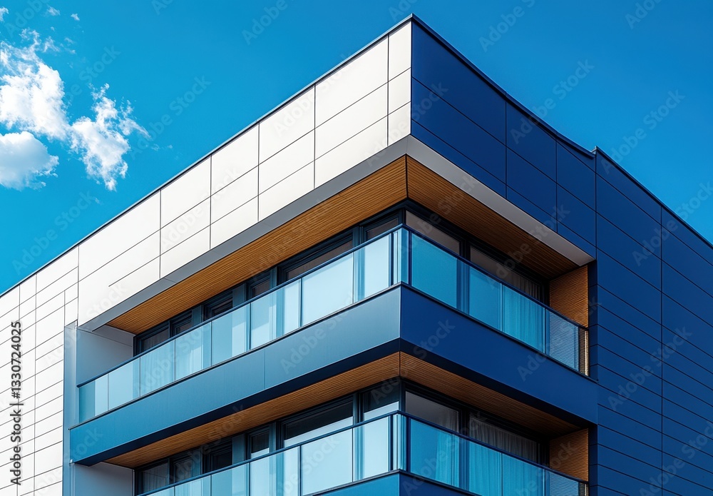 Fototapeta premium Modern Architectural Design of a Contemporary Building with Blue Facade, Glass Balconies, and Clear Sky in Background Captured on a Sunny Day