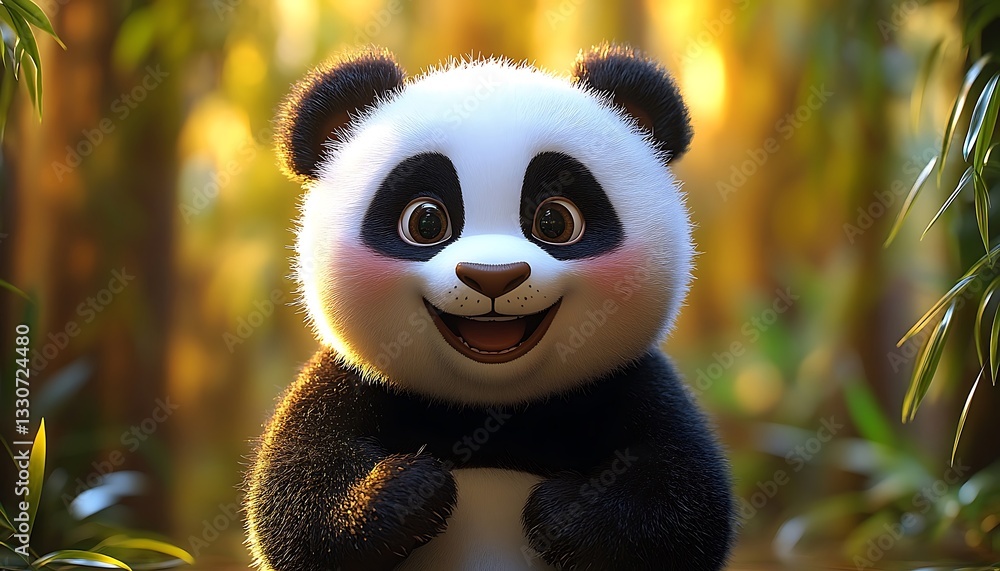 Adorable Cartoon Panda in Forest Setting with Warm Light Adorable Cartoon Panda in Forest Setting with Warm Light