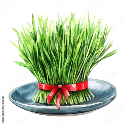 Watercolor big Fresh Wheatgrass with red ribbon on plate Front View. Traditional Persian New Year Wheatgrass, isolated on a white background. Nowruz vector design set