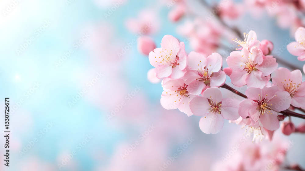 Beautiful pink cherry blossoms blooming on a tree branch against a soft blue sky, capturing the essence of spring and renewal Beautiful pink cherry blossoms blooming on a tree branch against a soft blue sky, capturing the essence of spring and renewal