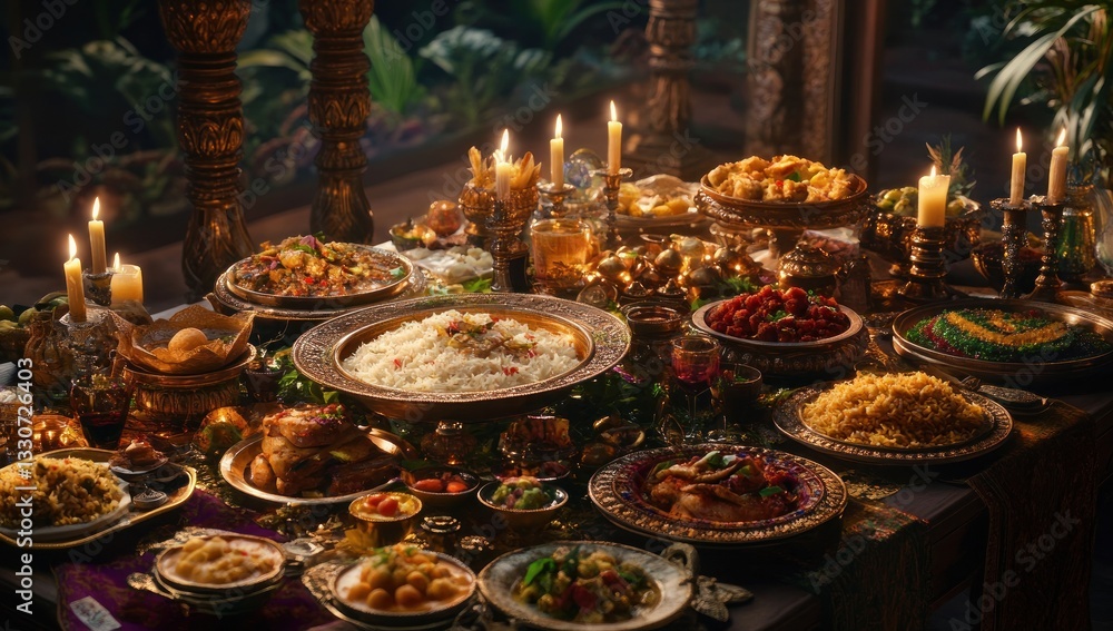 A Lavish Feast: An opulent table laden with exotic dishes, illuminated by candlelight, creating a magical and rich atmosphere. A Lavish Feast: An opulent table laden with exotic dishes, illuminated by candlelight, creating a magical and rich atmosphere.