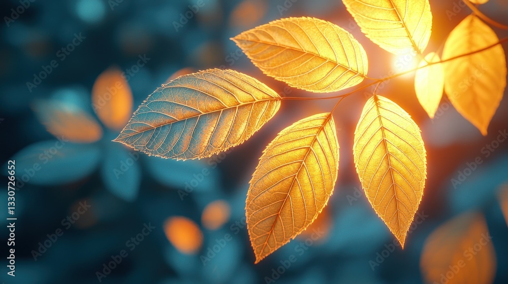 Golden leaves illuminated by sunlight in a forest Golden leaves illuminated by sunlight in a forest