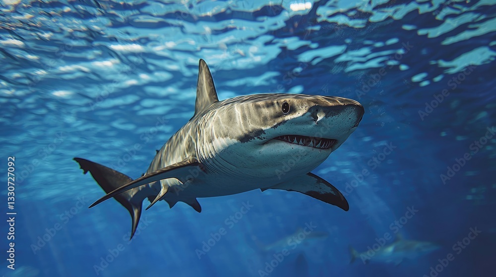 Obraz premium Majestic Great White Shark Swimming Underwater in the Deep Blue Ocean with Sunlight Rays Filtering Through the Surface