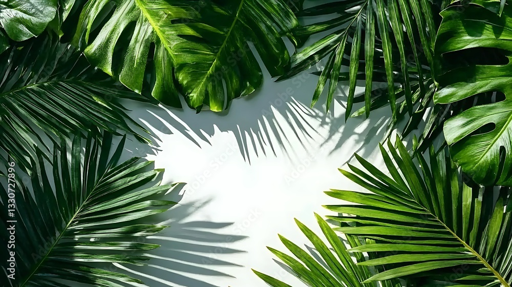 Tropical Green Leaves Frame with Sunlight Shadow on a White Background Tropical Green Leaves Frame with Sunlight Shadow on a White Background