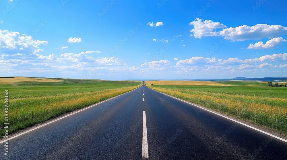 A straight road leading into the horizon, surrounded by rolling meadows and blue skies A straight road leading into the horizon, surrounded by rolling meadows and blue skies