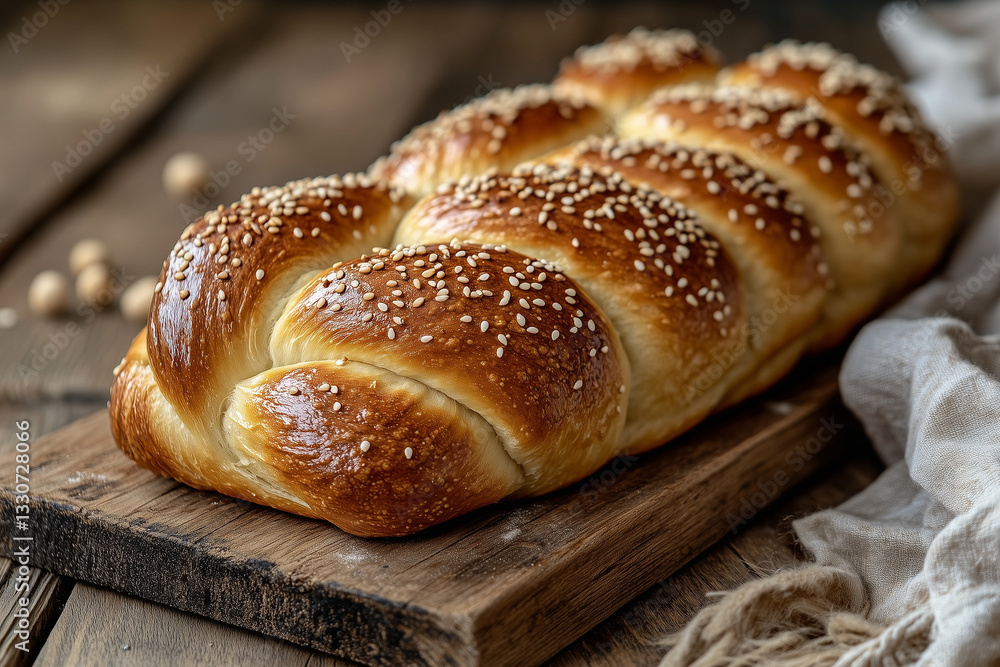 A freshly baked challah bread with a golden crust and sesame seeds, placed on a rustic wooden board. Warm, inviting atmosphere, perfect for traditional Jewish cuisine and Shabbat meals A freshly baked challah bread with a golden crust and sesame seeds, placed on a rustic wooden board. Warm, inviting atmosphere, perfect for traditional Jewish cuisine and Shabbat meals