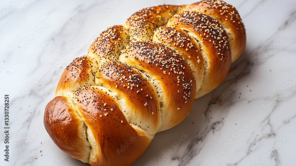 A braided challah bread with sesame and poppy seeds on a marble surface. A minimalist and elegant food composition, ideal for Jewish cuisine and bakery advertising. A braided challah bread with sesame and poppy seeds on a marble surface. A minimalist and elegant food composition, ideal for Jewish cuisine and bakery advertising.