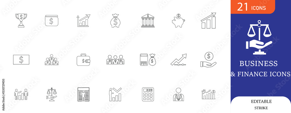 Business and Finance Line Icon Set with 21 editable stroke icons. Perfect for banking, investment, corporate, stock market, and financial projects. Ideal for websites, apps, and presentations Business and Finance Line Icon Set with 21 editable stroke icons. Perfect for banking, investment, corporate, stock market, and financial projects. Ideal for websites, apps, and presentations