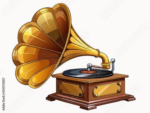 vector of  side view antique brass and wooden gramaphone on white background,copy space